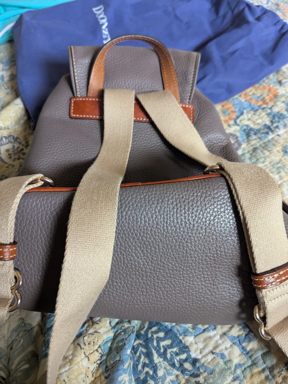 Dooney & Bourke Gray Pebbled Leather Tassel Drawstring Backpack with Brown Trim